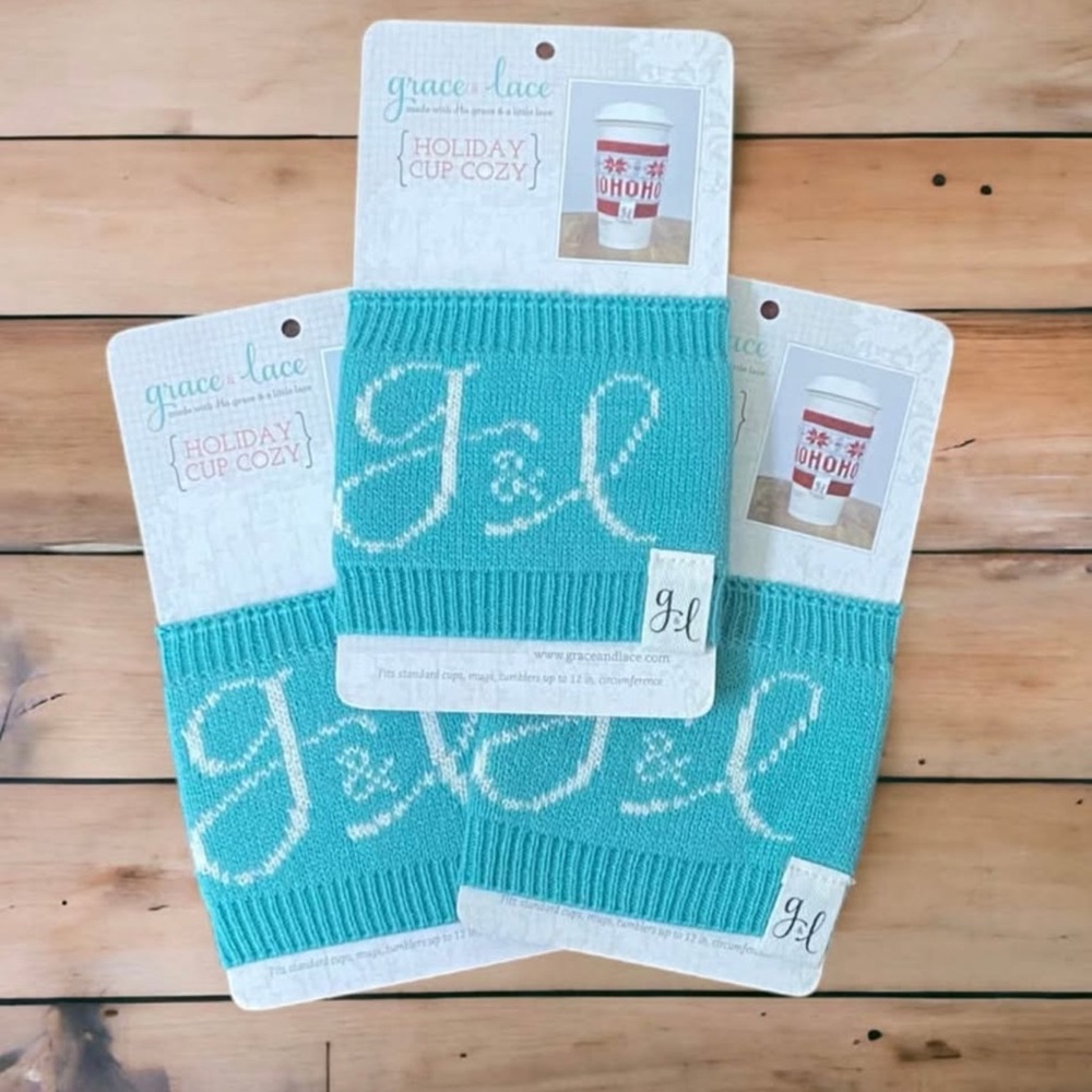 Set of 3 - New Grace & Lace Aqua Cup Cozy G&L Logo